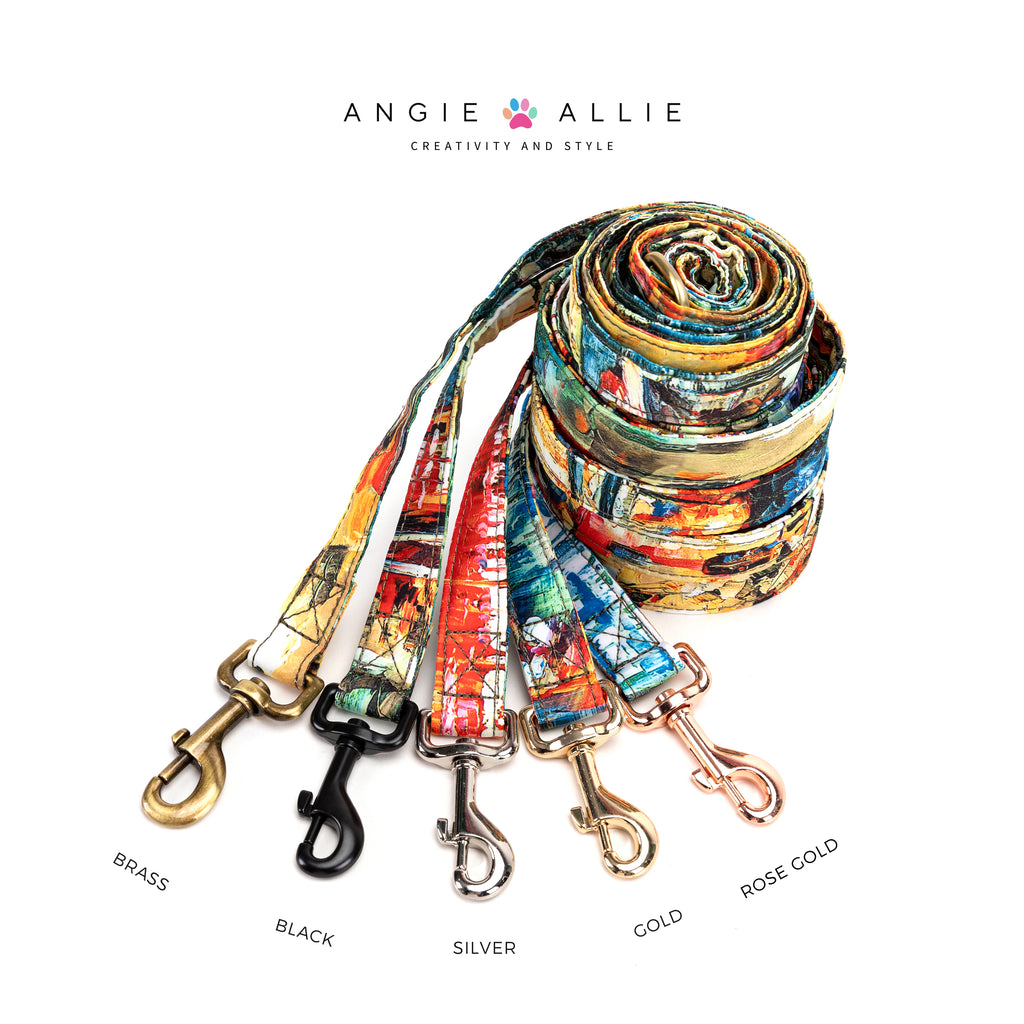 100% Cotton Adjustable Dog Leash Gold  French Countryside with brass, black, silver, gold, and rose gold hardware