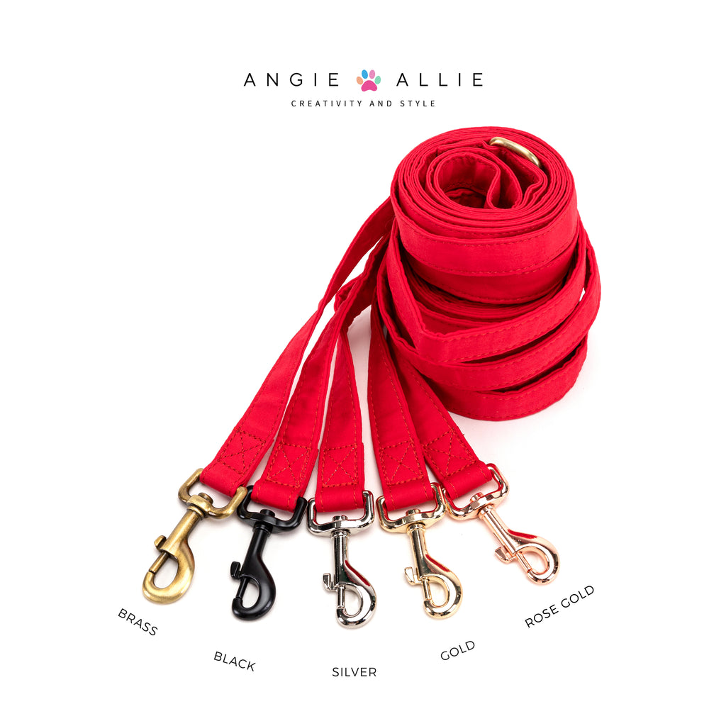 100% Cotton Adjustable Dog Leash Gold  Poinciana Red with brass, black, silver, gold, and rose gold hardware