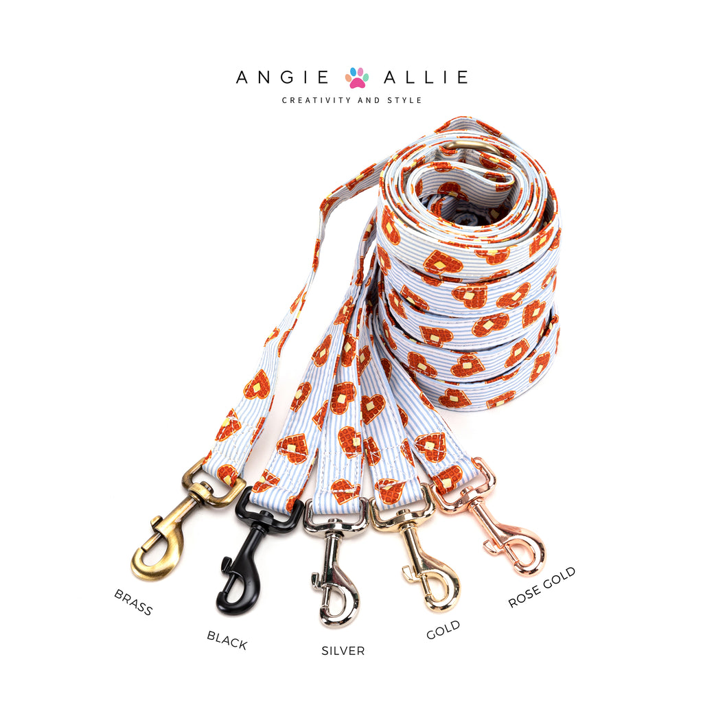 100% Cotton Adjustable Dog Leash Gold  Butter Waffles with brass, black, silver, gold, and rose gold hardware