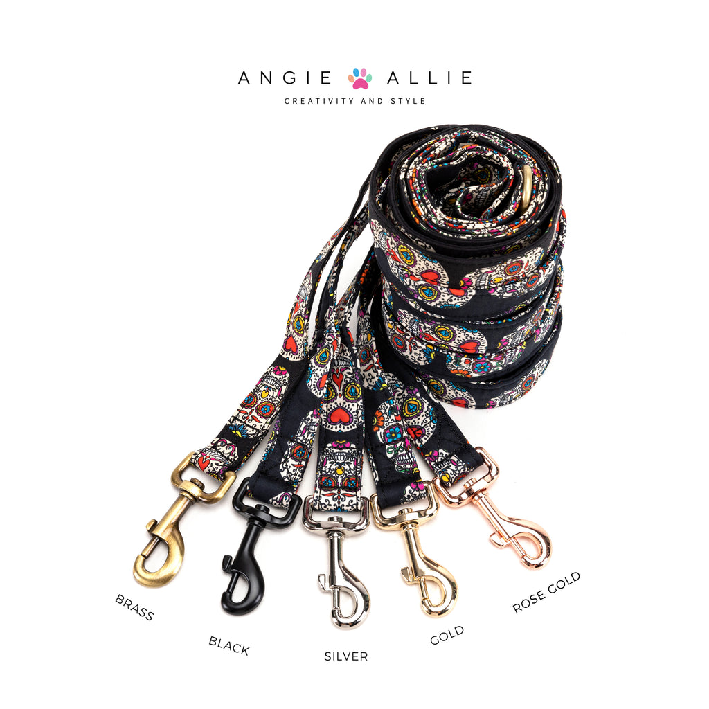 100% Cotton Adjustable Dog Leash Gold  Sugar Skull with brass, black, silver, gold, and rose gold hardware