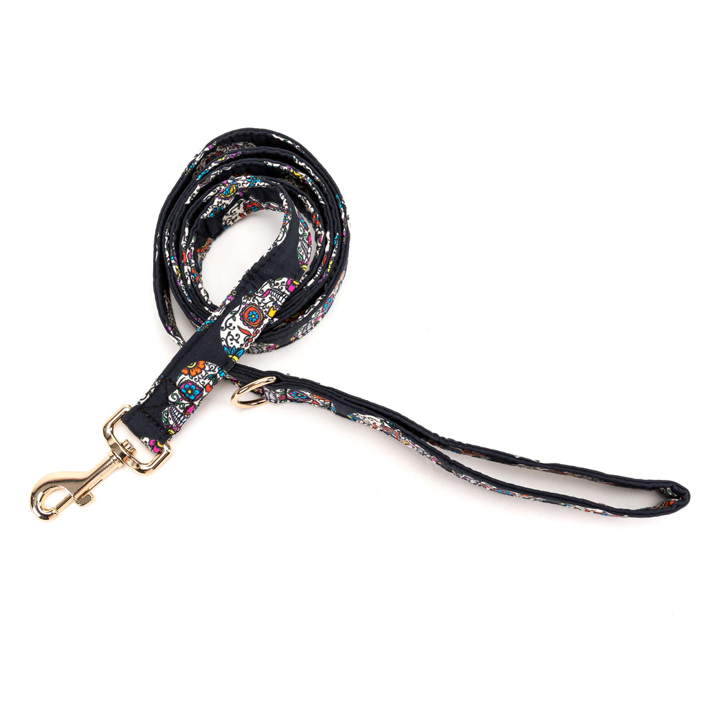 100% Cotton Adjustable Dog Leash Gold  Sugar Skull main
