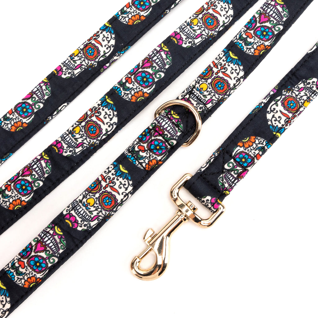 100% Cotton Adjustable Dog Leash Gold  Sugar Skull detail