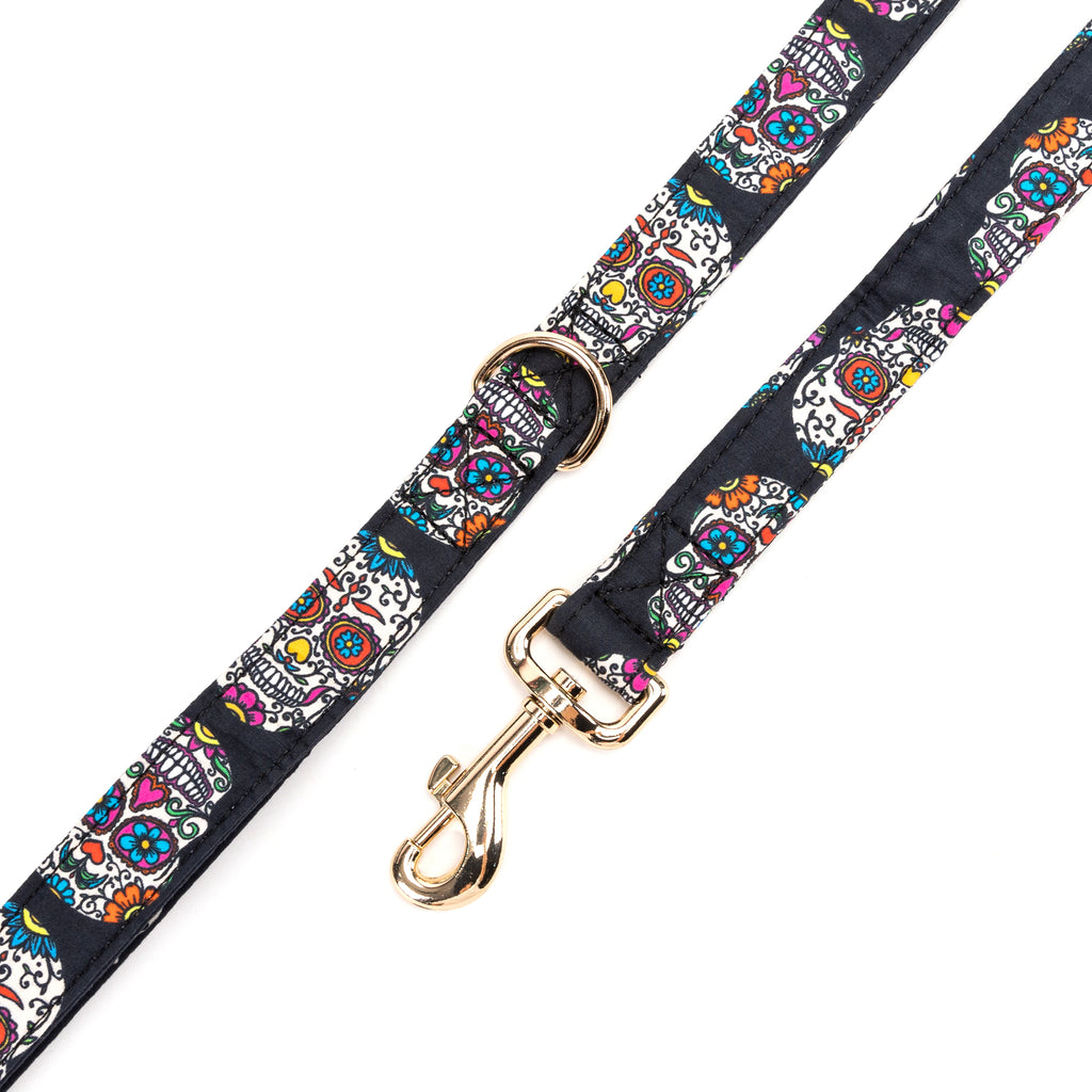 100% Cotton Adjustable Dog Leash Gold  Sugar Skull hardware