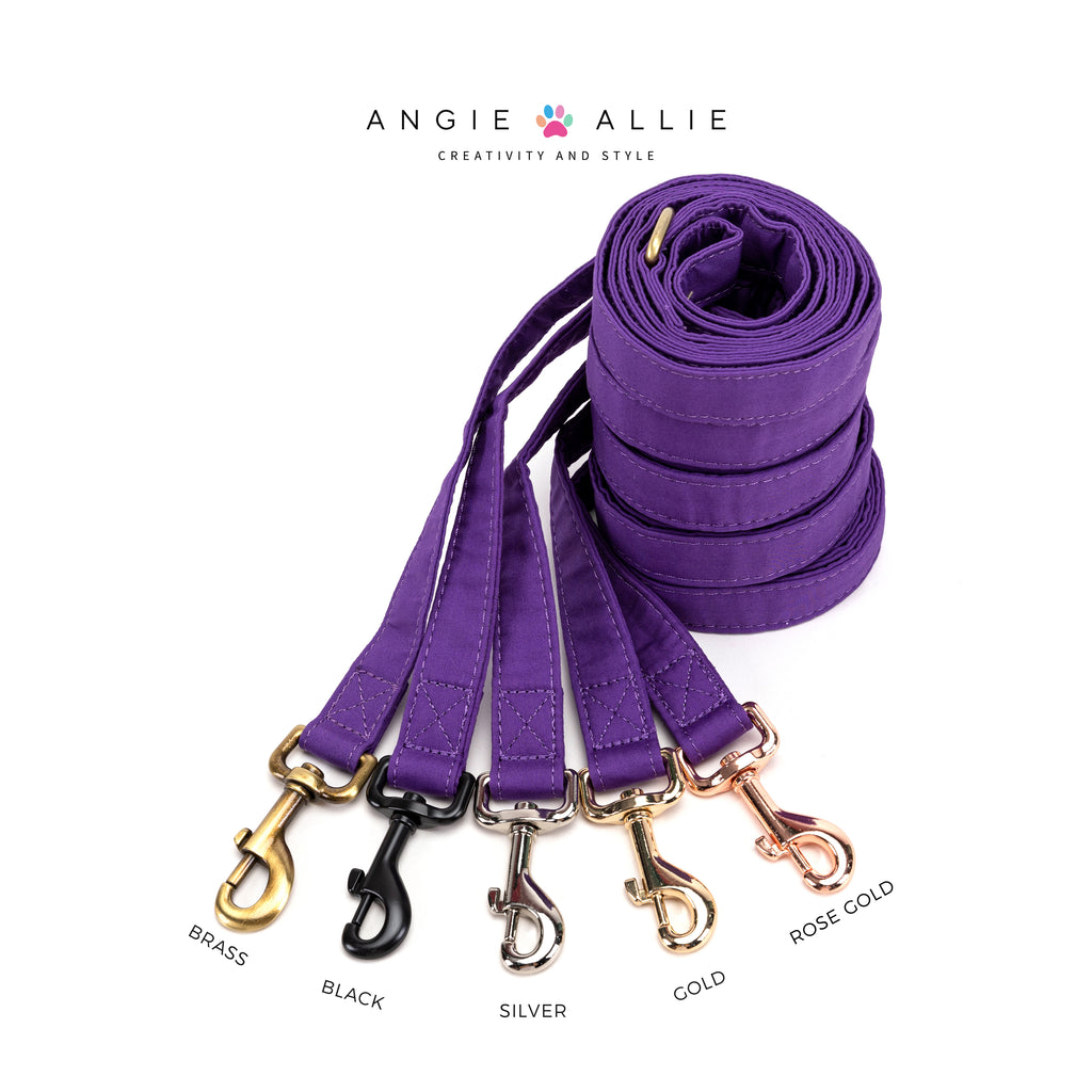 100% Cotton Adjustable Dog Leash Gold Purple Tornado with brass, black, silver, gold, and rose gold hardware