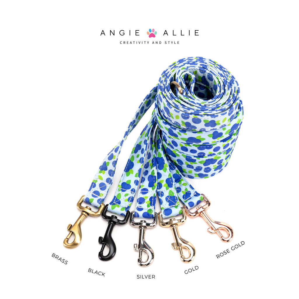 100% Cotton Adjustable Dog Leash Gold Blueberry with brass, black, silver, gold, and rose gold hardware