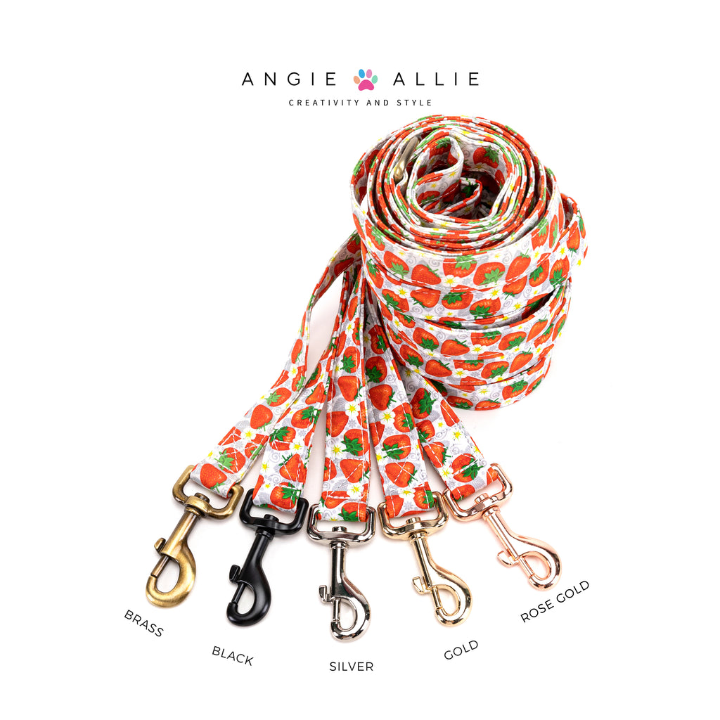 100% Cotton Adjustable Dog Leash Gold  Dancing Strawberries with brass, black, silver, gold, and rose gold hardware