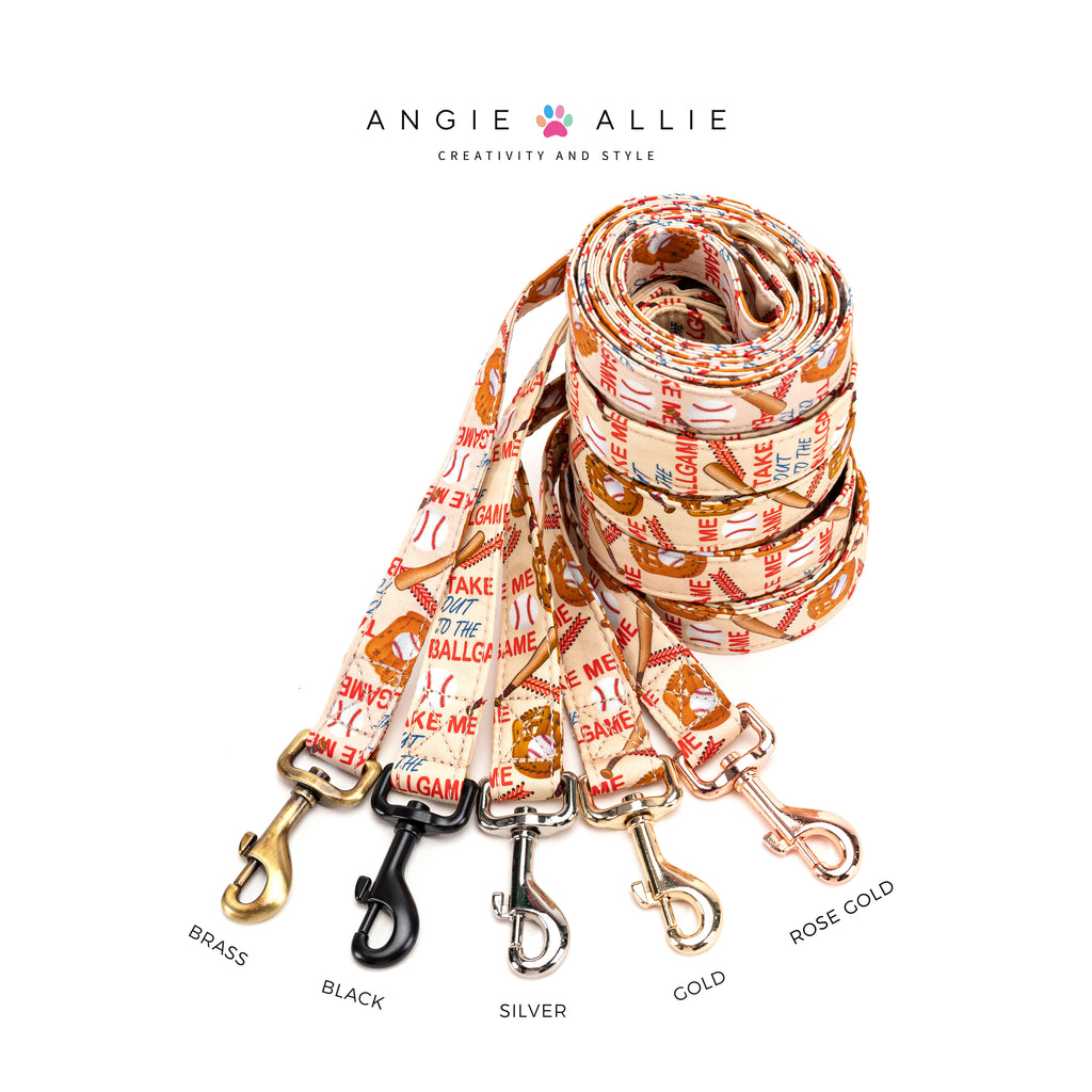 100% Cotton Adjustable Dog Leash Gold  Baseball with brass, black, silver, gold, and rose gold hardware