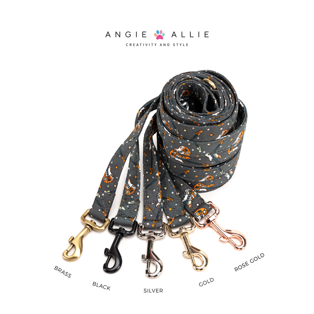 100% Cotton Adjustable Dog Leash Gold  Guitar with brass, black, silver, gold, and rose gold hardware