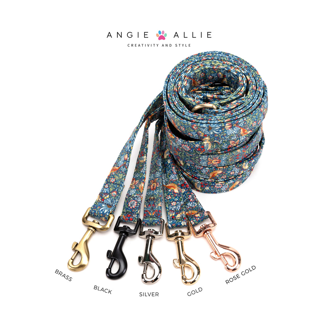 100% Cotton Adjustable Dog Leash Gold Strawberry Thief with brass, black, silver, gold, and rose gold hardware