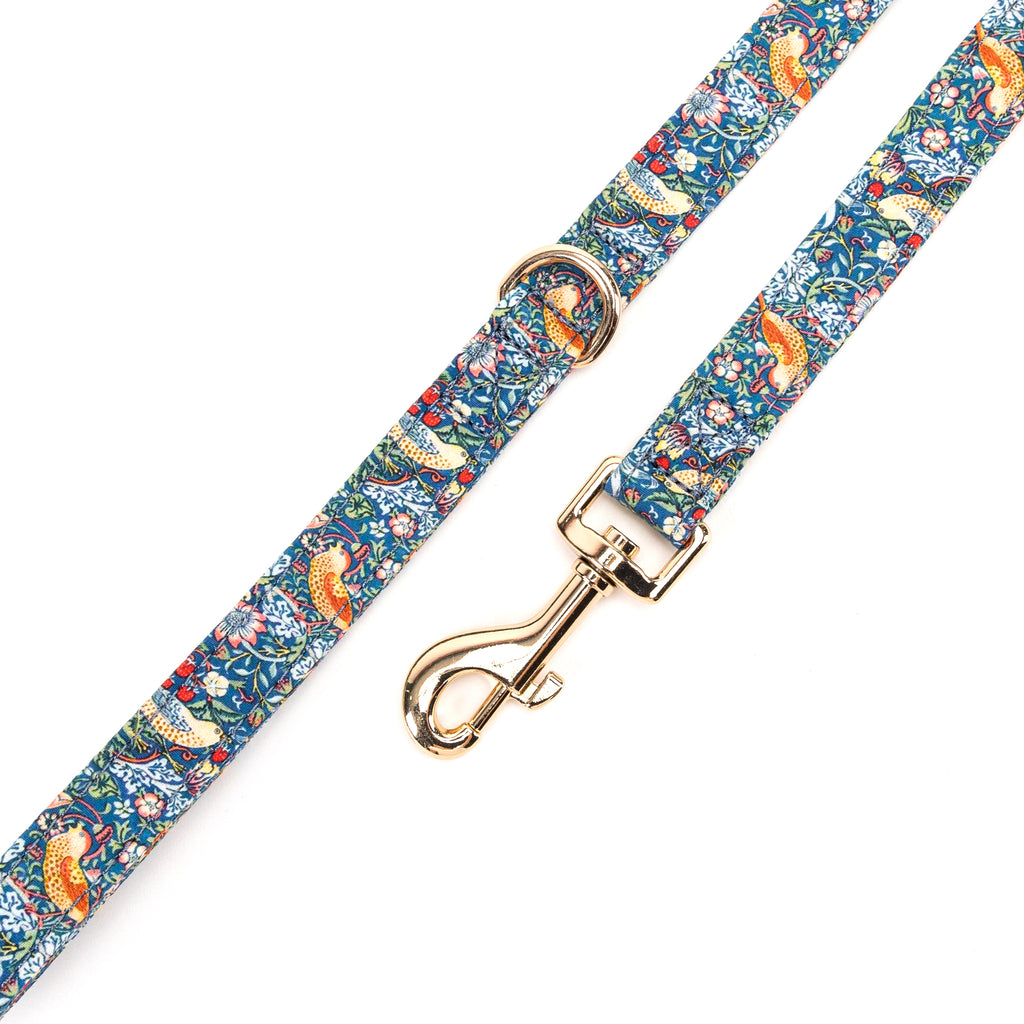 100% Cotton Adjustable Dog Leash Gold Strawberry Thief hardware