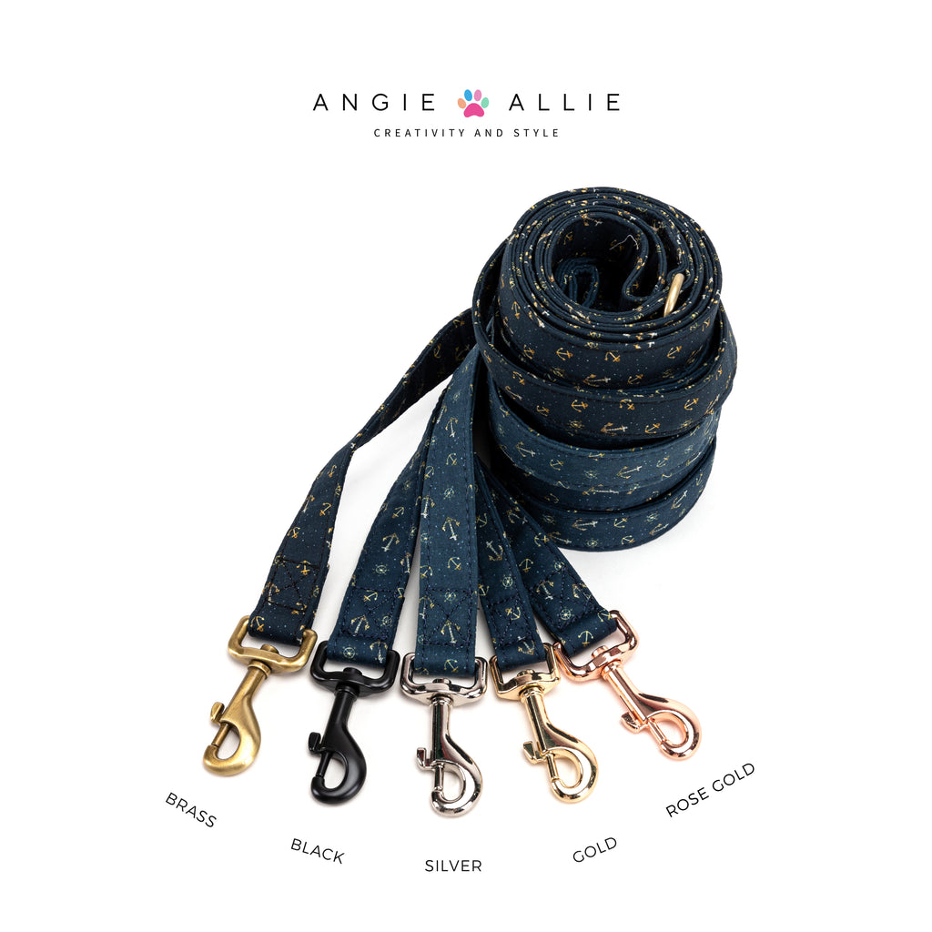 100% Cotton Adjustable Dog Leash Gold  Nautical with brass, black, silver, gold, and rose gold hardware