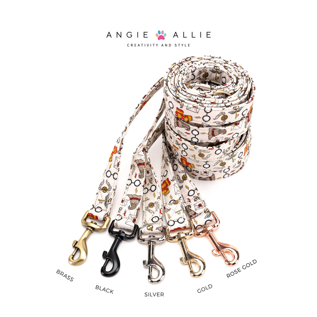 100% Cotton Adjustable Dog Leash Gold Wizard School with brass, black, silver, gold, and rose gold hardware