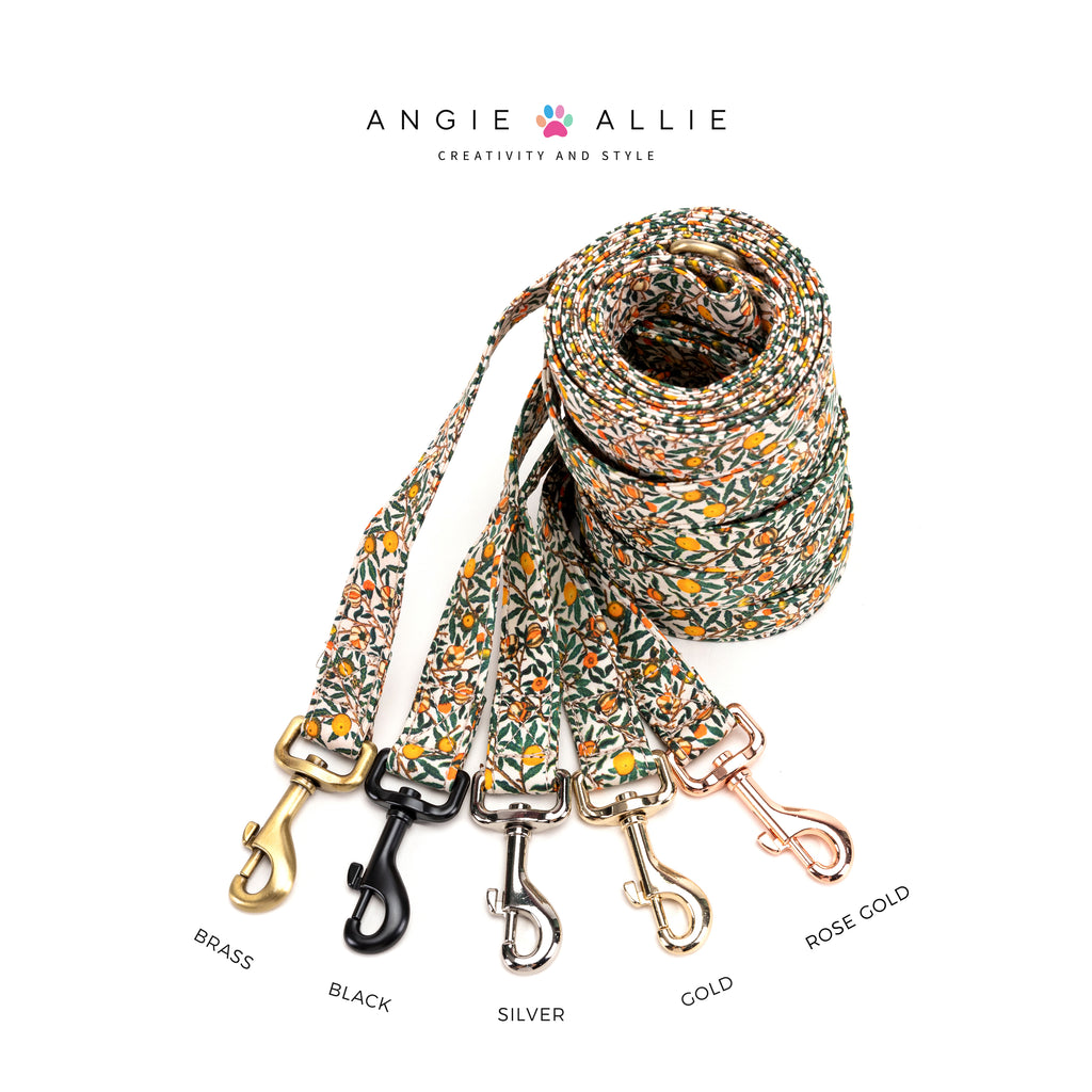 100% Cotton Adjustable Dog Leash Gold   Pomegranate with brass, black, silver, gold, and rose gold hardware