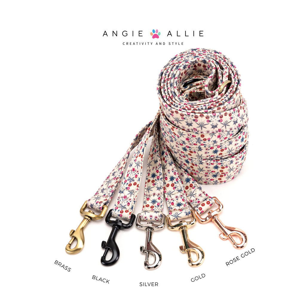 100% Cotton Adjustable Dog Leash Gold Daisy with brass, black, silver, gold, and rose gold hardware