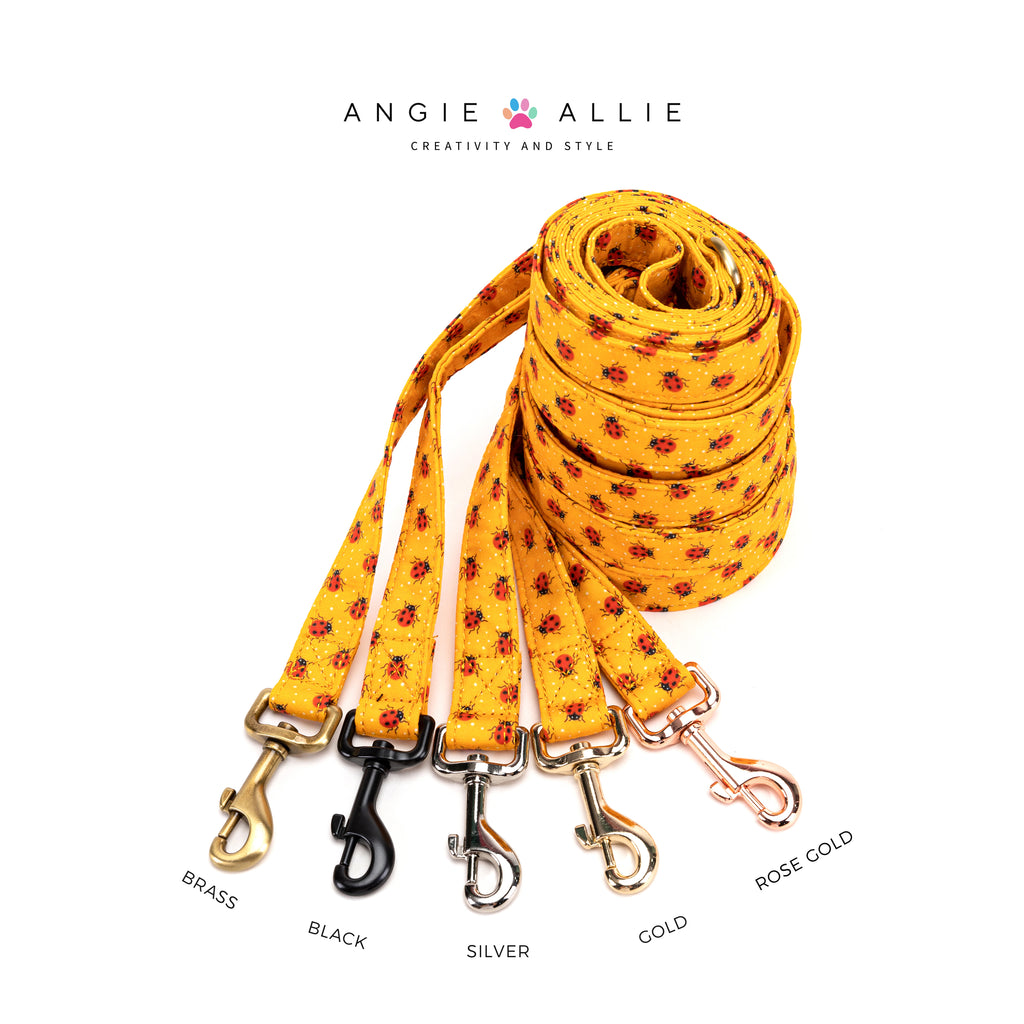 100% Cotton Adjustable Dog Leash Gold Ladybug with brass, black, silver, gold, and rose gold hardware