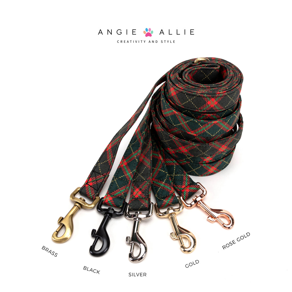 100% Cotton Adjustable Dog Leash Silver Christmas Plaid with brass, black, silver, gold, rose gold hardware on a white background, featuring the Angie Allie brand