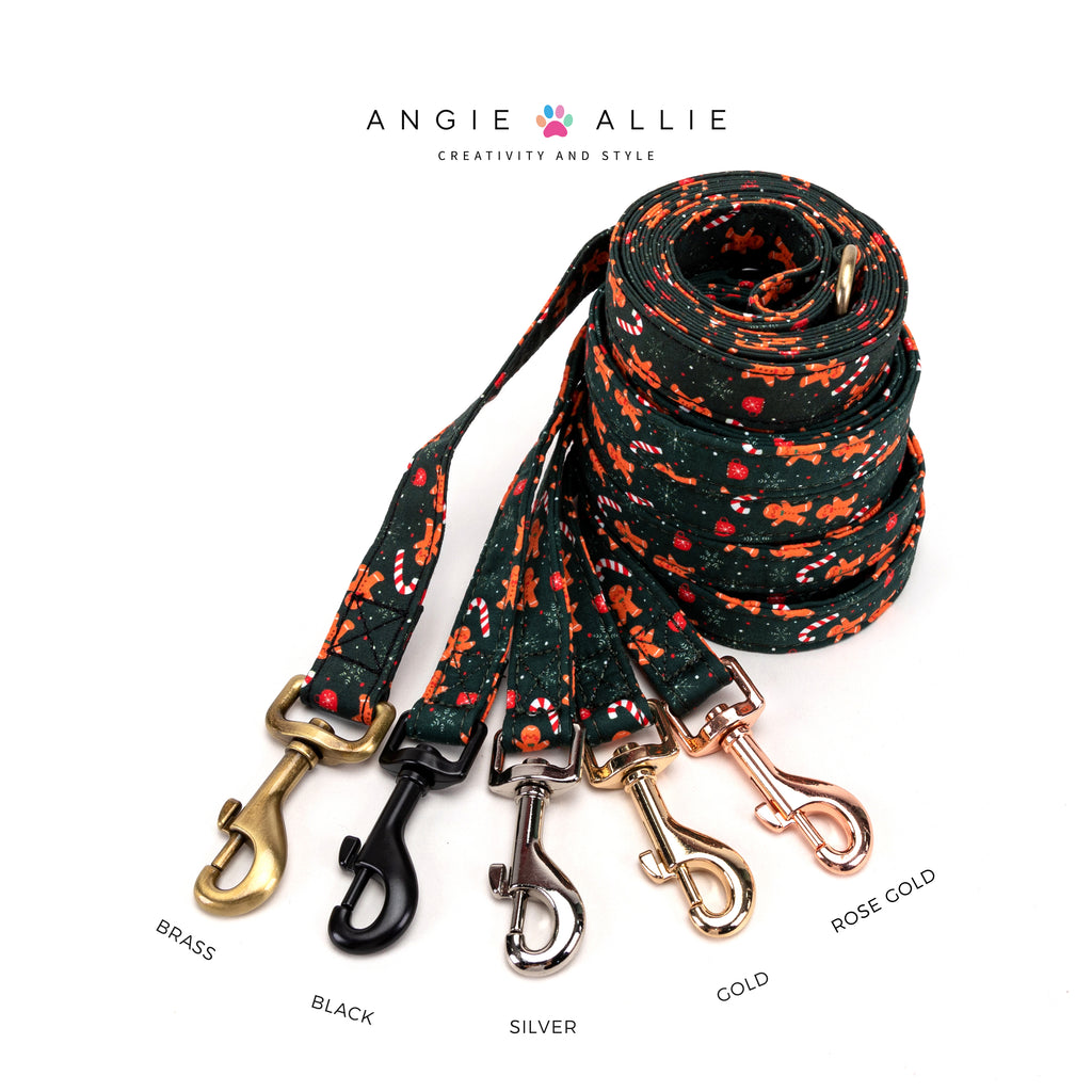 100% Cotton Adjustable Dog Leash Silver Gingerbread Man with brass, black, silver, gold, rose gold hardware on a white background, featuring the Angie Allie brand