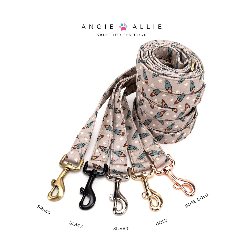 100% Cotton Adjustable Dog Leash Silver Retro Rocket with brass, black, silver, gold, rose gold hardware on a white background, featuring the Angie Allie brand