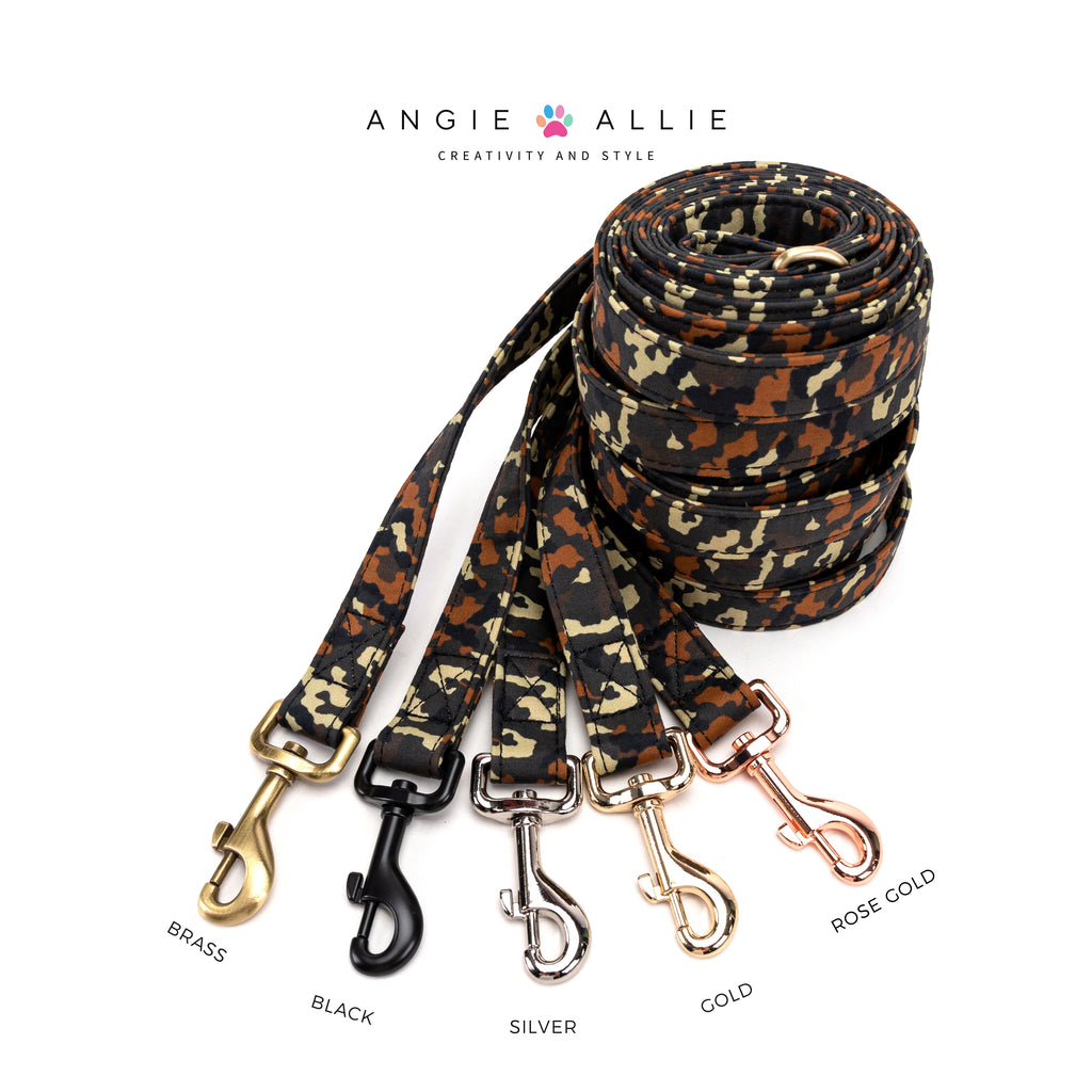 Dog Leash Camo with brass, black, silver, gold, rose gold hardware on a white background, featuring the Angie Allie brand