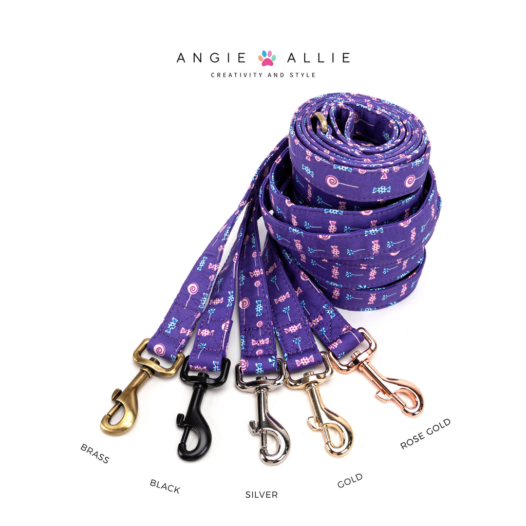 Purple Cotton Dog Leash With Silver Hardware Lollipop with brass, black, silver, gold, rose gold hardware on a white background, featuring the Angie Allie brand