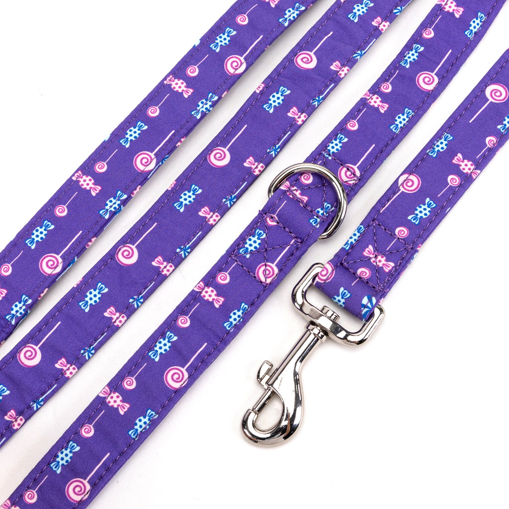 Purple Cotton Dog Leash With Silver Hardware Lollipop detail