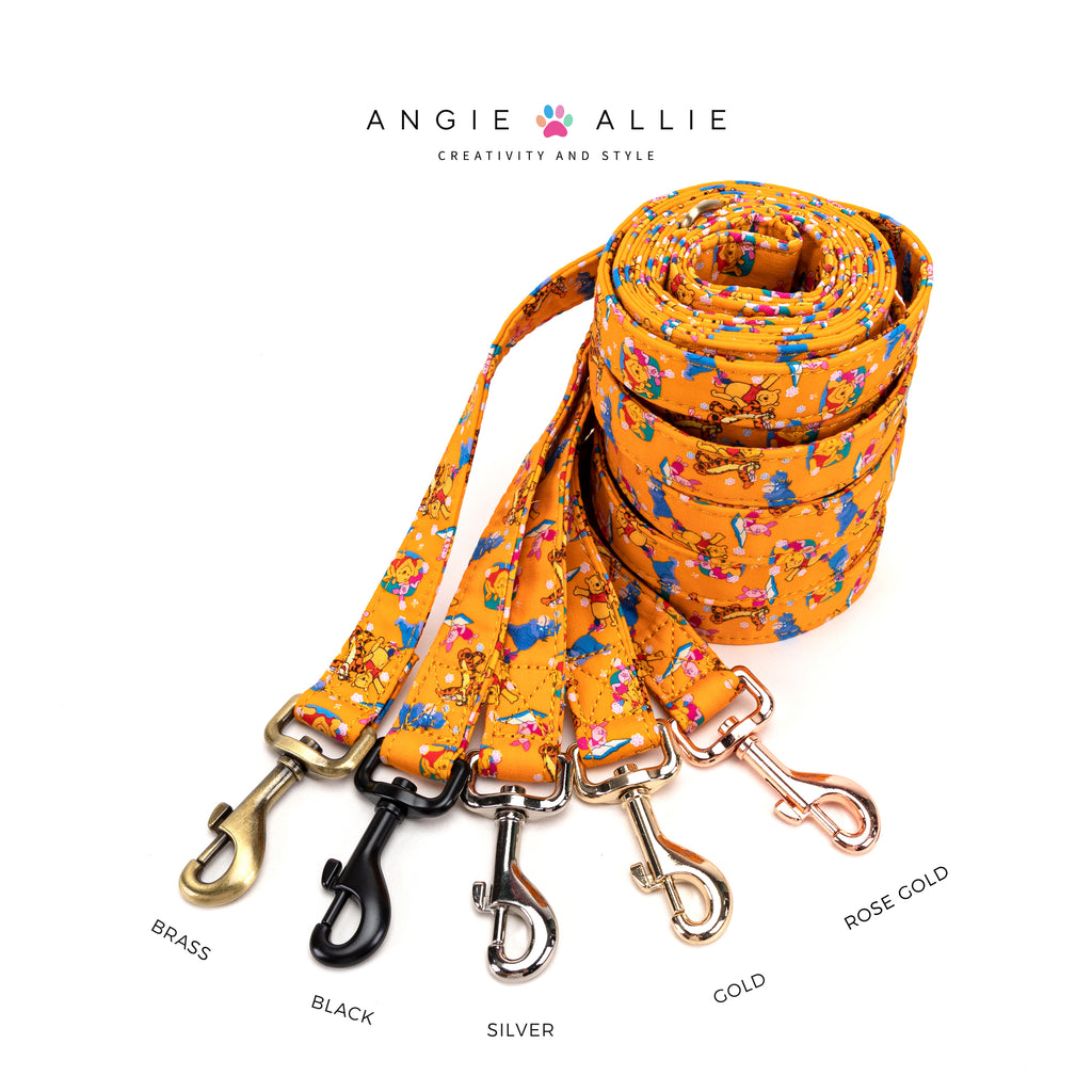 Winnie the Pooh Dog Leash with brass, black, silver, gold, rose gold hardware on a white background, featuring the Angie Allie brand