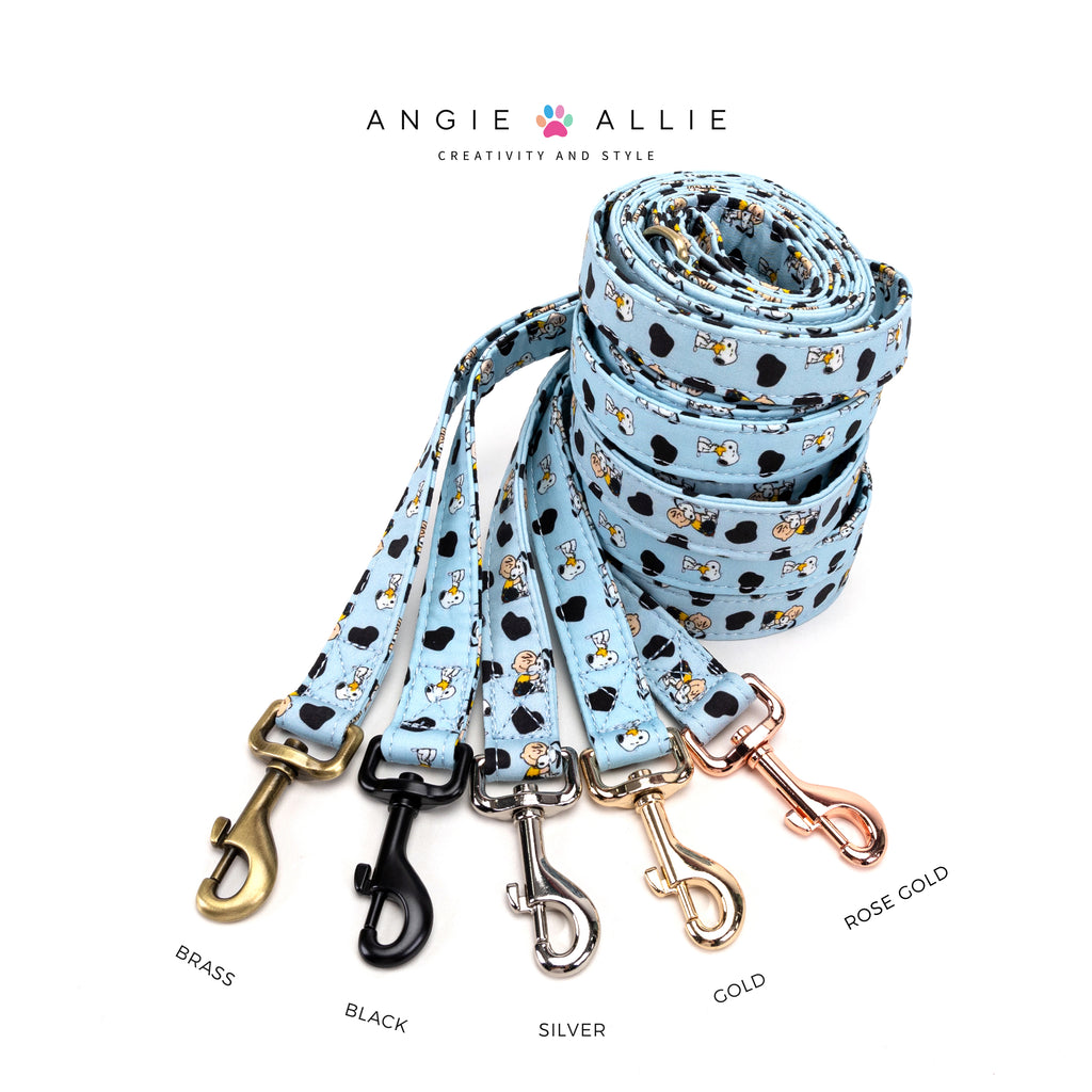 Snoopy Dog Leash Organic Cotton with brass, black, silver, gold, rose gold hardware on a white background, featuring the Angie Allie brand