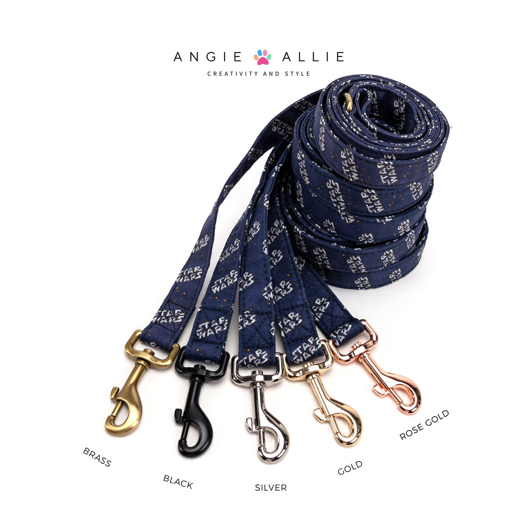 100% Cotton Adjustable Dog Leash Silver Star Wars with brass, black, silver, gold, rose gold hardware on a white background, featuring the Angie Allie brand