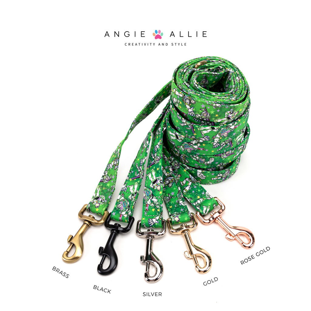 100% Cotton Adjustable Dog Leash Silver Buzz Lightyear with brass, black, silver, gold, rose gold hardware on a white background, featuring the Angie Allie brand