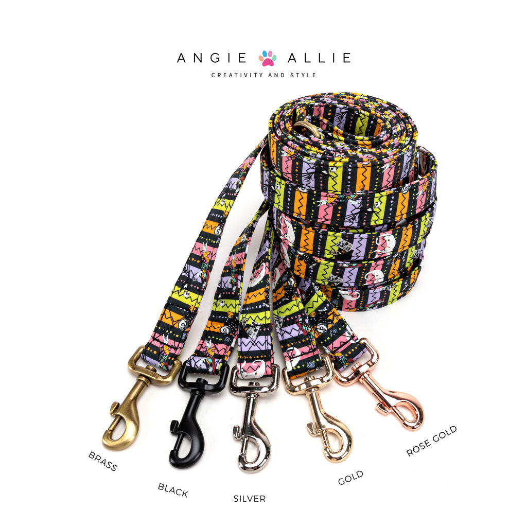 100% Cotton Adjustable Dog Leash Silver The nightmare before Christmas with brass, black, silver, gold, rose gold hardware on a white background, featuring the Angie Allie brand