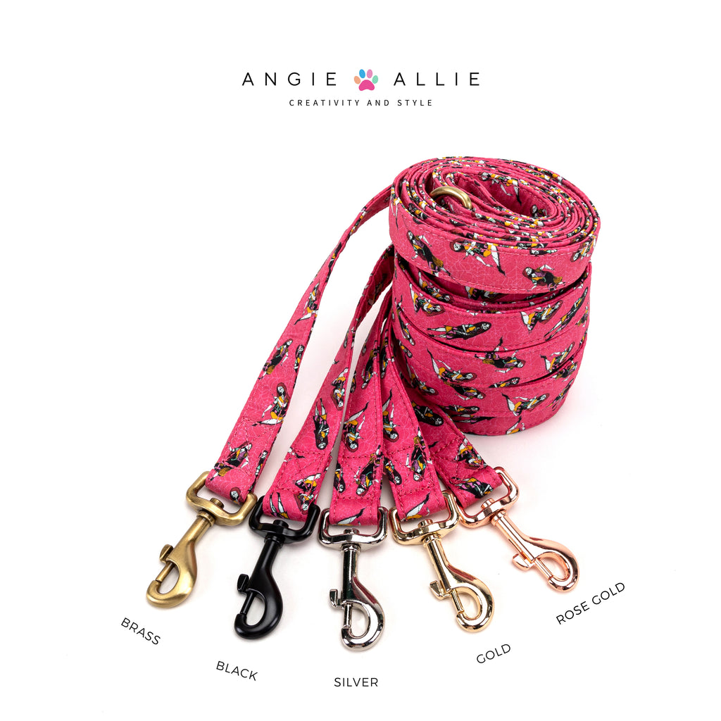 100% Cotton Adjustable Dog Leash Silver Sally the nightmare before Christmas with brass, black, silver, gold, rose gold hardware on a white background, featuring the Angie Allie brand
