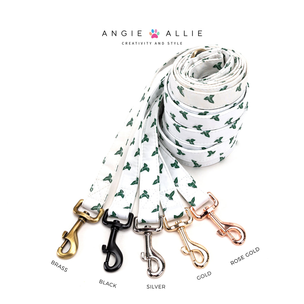 100% Cotton Adjustable Dog Leash Silver Elven Leaf LOTR with brass, black, silver, gold, rose gold hardware on a white background, featuring the Angie Allie brand