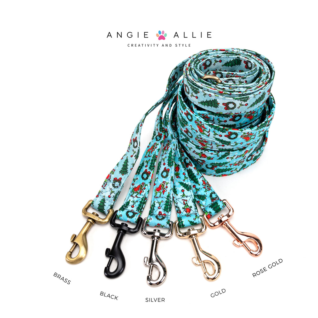100% Cotton Adjustable Dog Leash Silver The Grinch with brass, black, silver, gold, rose gold hardware on a white background, featuring the Angie Allie brand