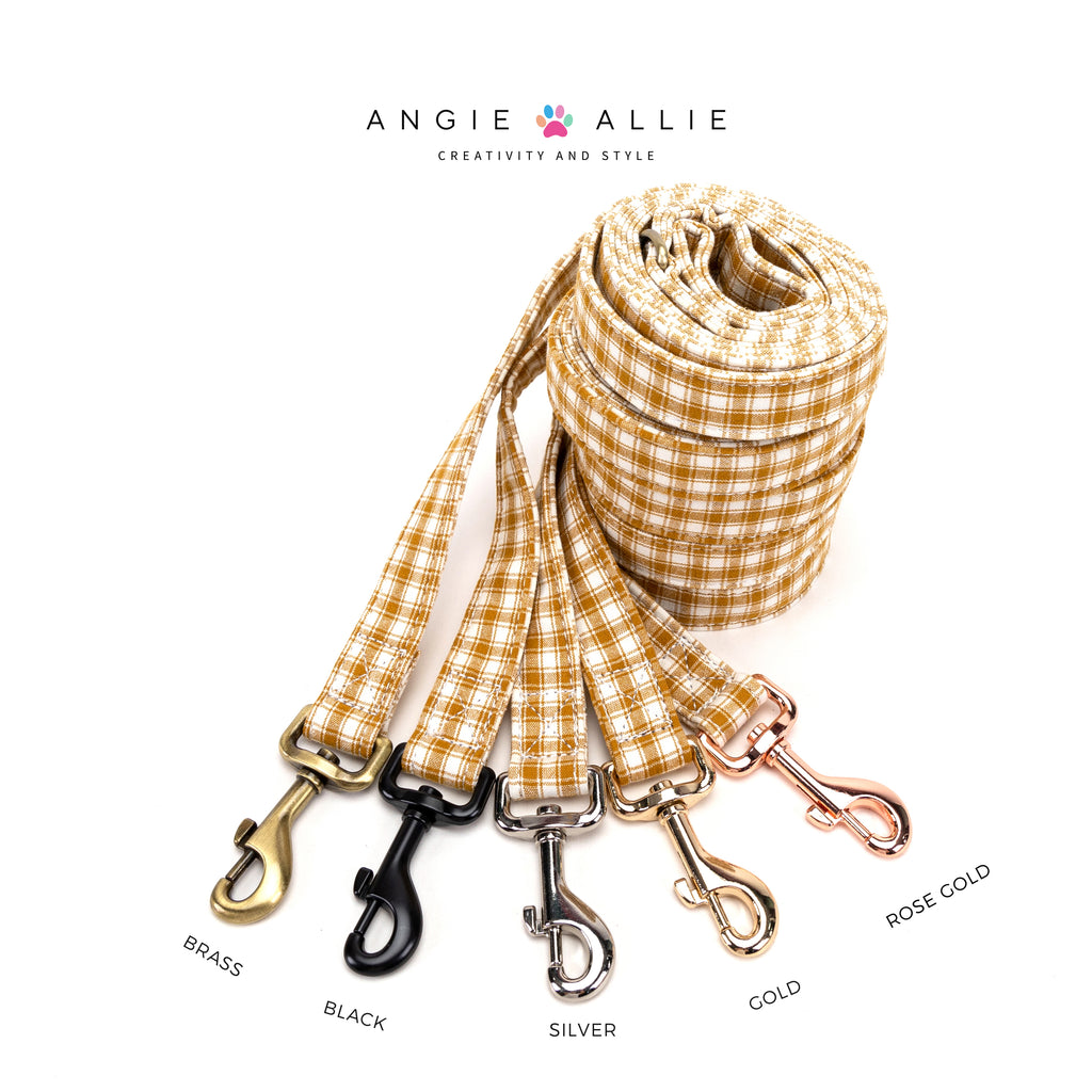 100% Cotton Adjustable Dog Leash Gingham Yellow with brass, black, silver, gold, rose gold hardware on a white background, featuring the Angie Allie brand
