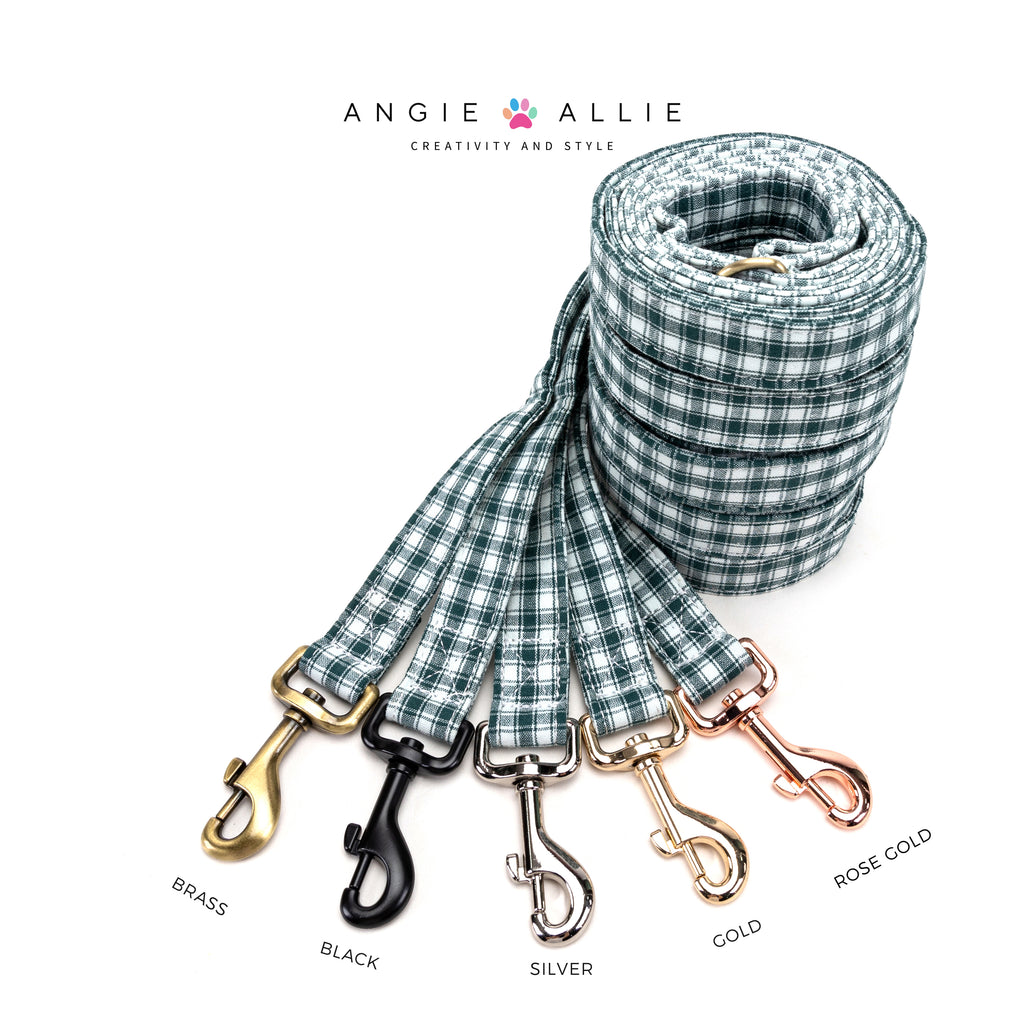 100% Cotton Adjustable Dog Leash Gingham Green with brass, black, silver, gold, rose gold hardware on a white background, featuring the Angie Allie brand