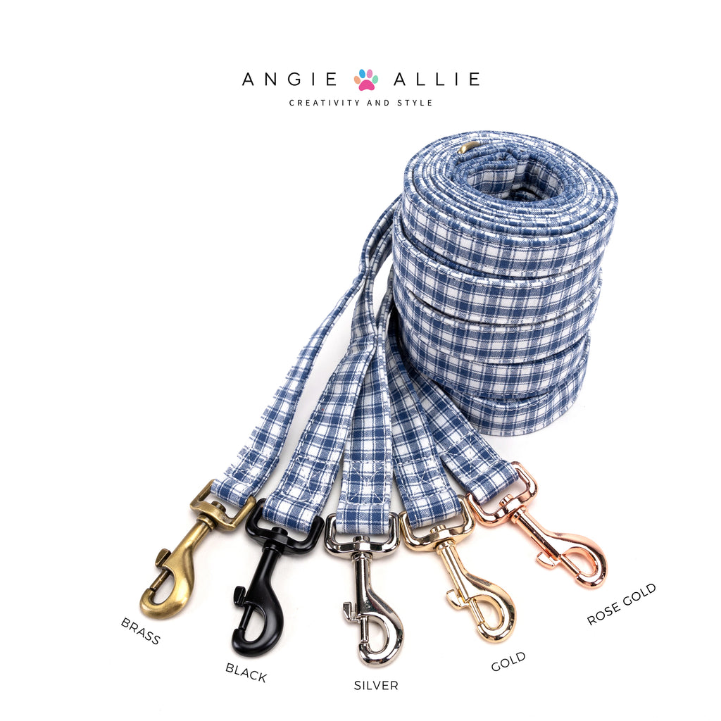 100% Cotton Adjustable Dog Leash Gingham Blue with brass, black, silver, gold, rose gold hardware on a white background, featuring the Angie Allie brand