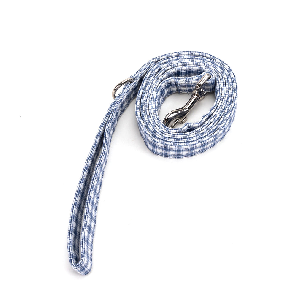 100% Cotton Adjustable Dog Leash Gingham Blue rolled