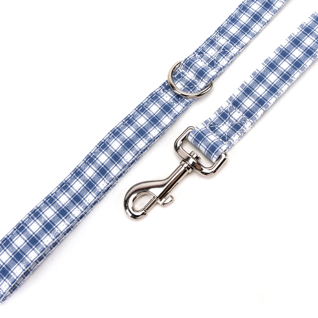 100% Cotton Adjustable Dog Leash Gingham Blue hardware