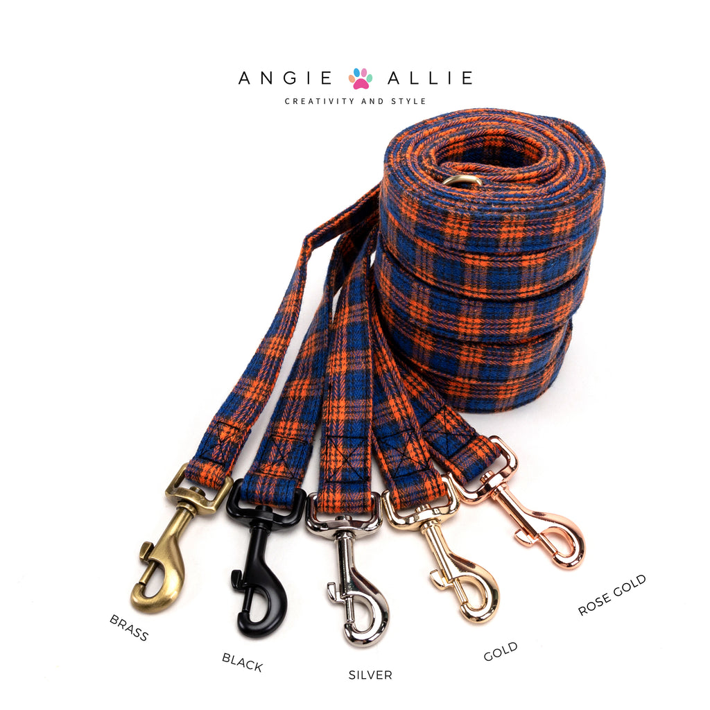 100% Cotton Adjustable Dog Leash MacDonald Orange & Blue with brass, black, silver, gold, rose gold hardware on a white background, featuring the Angie Allie brand