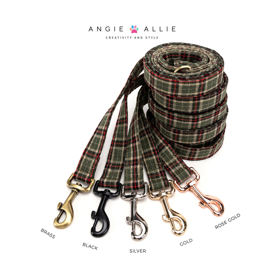 100% Cotton Adjustable Dog Leash MacPherson Hunting Green with brass, black, silver, gold, rose gold hardware on a white background, featuring the Angie Allie brand