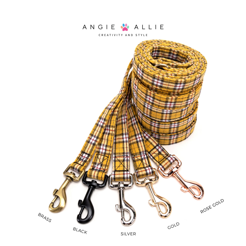 100% Cotton Adjustable Dog Leash MacPherson Hunting Yellow with brass, black, silver, gold, rose gold hardware on a white background, featuring the Angie Allie brand