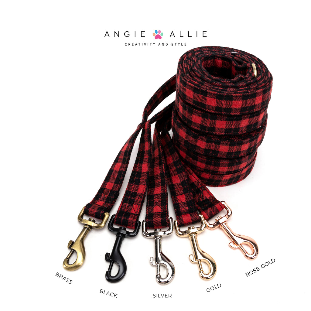 100% Cotton Adjustable Dog Leash Black Watch Red with brass, black, silver, gold, rose gold hardware on a white background, featuring the Angie Allie brand