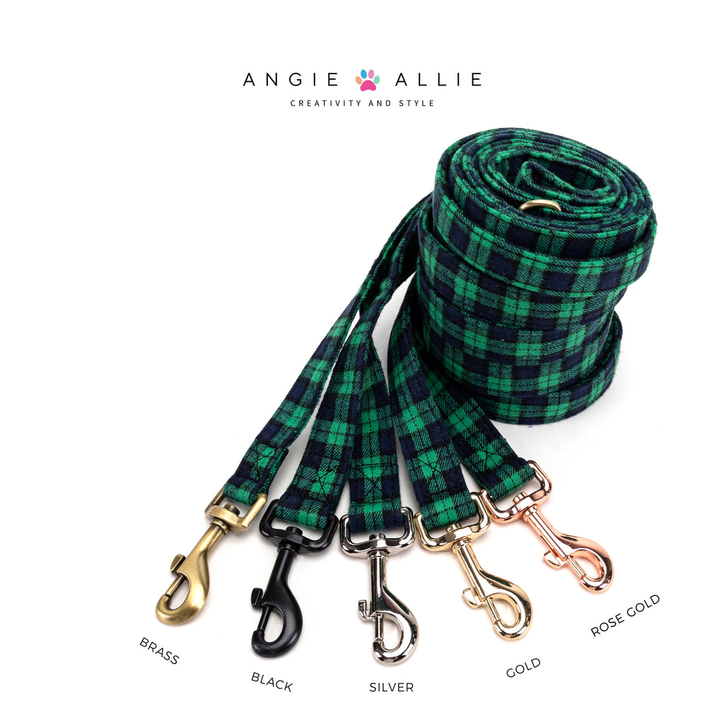 100% Cotton Adjustable Dog Leash Black Watch Lime with brass, black, silver, gold, rose gold hardware
