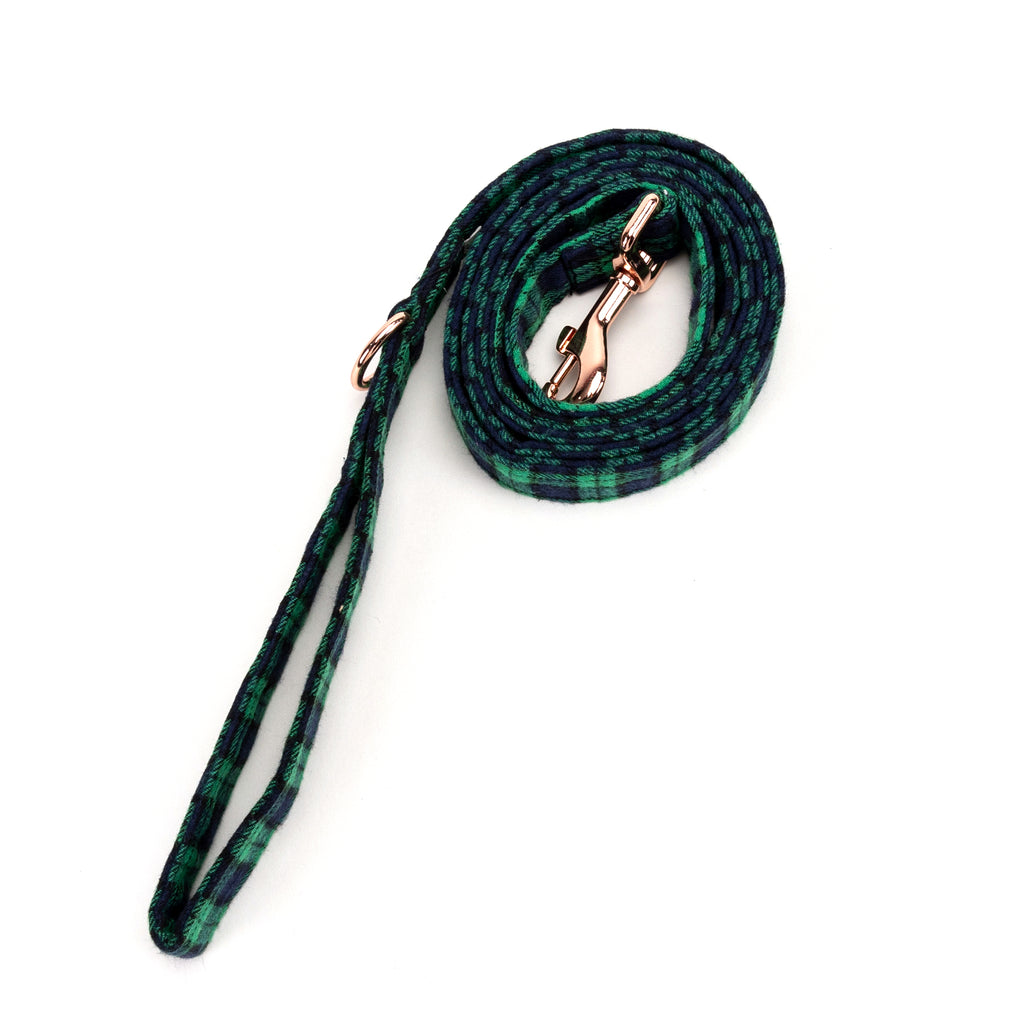 100% Cotton Adjustable Dog Leash Black Watch Lime rolled