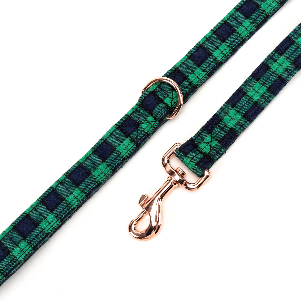 100% Cotton Adjustable Dog Leash Black Watch Lime hardware