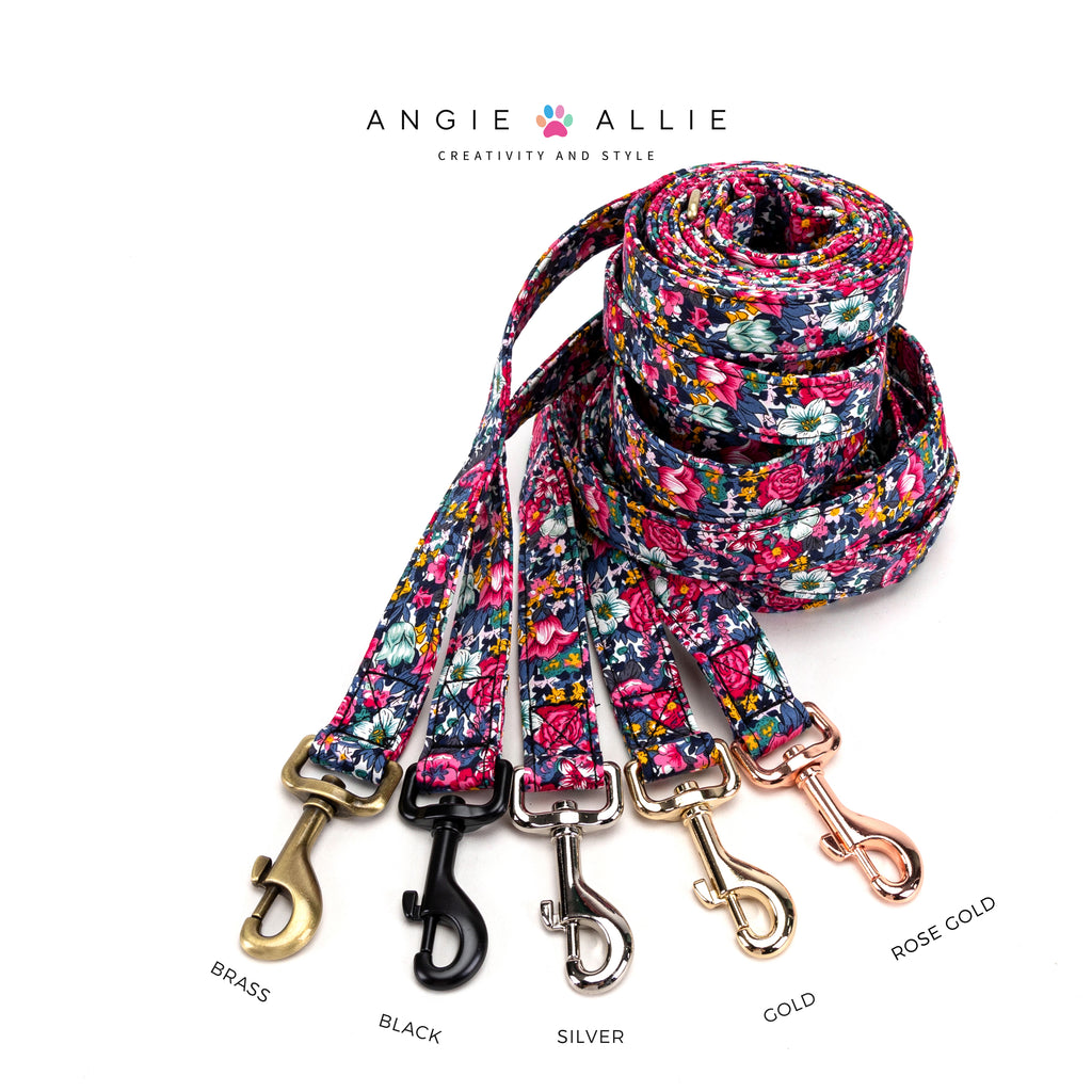 100% Cotton Adjustable Dog Leash  Blossom Blue with brass, black, silver, gold, rose gold hardware