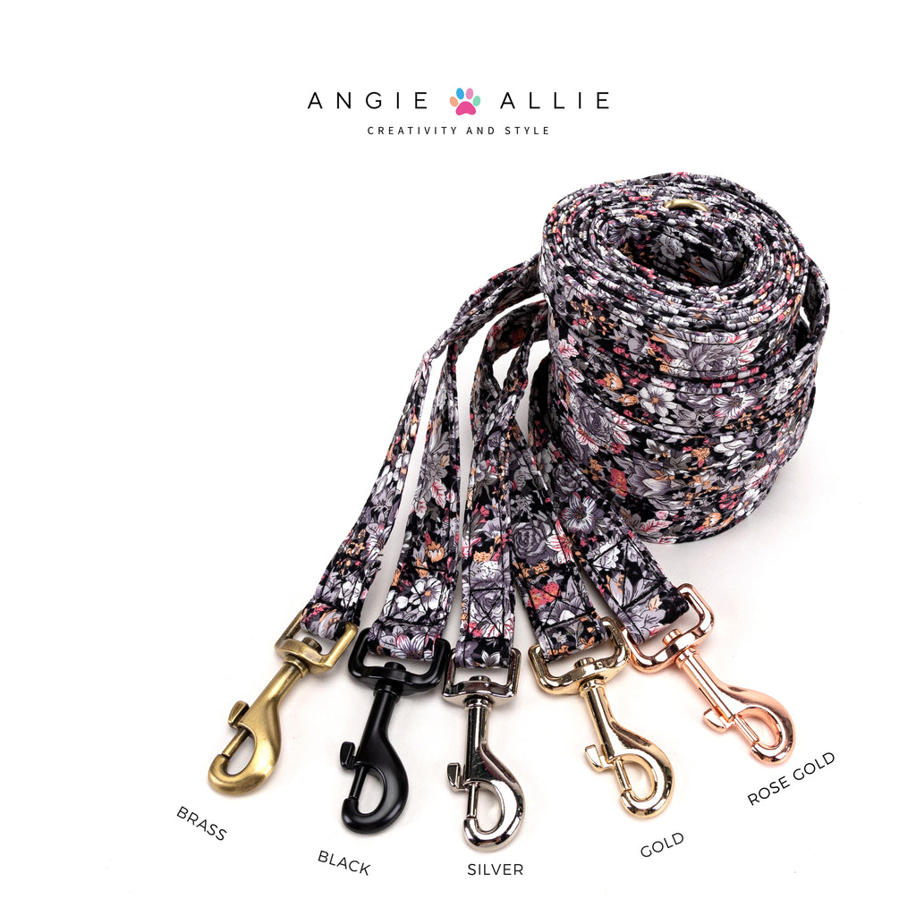 100% Cotton Adjustable Dog Leash Blossom Grey with brass, black, silver, gold, rose gold hardware