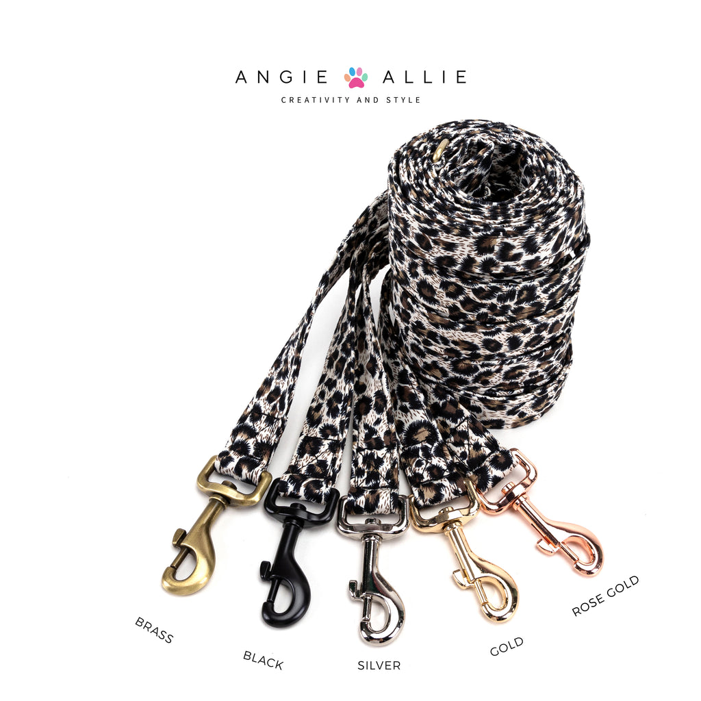 100% Cotton Adjustable Dog Leash  Leopard Brown with brass, black, silver, gold, rose gold hardware