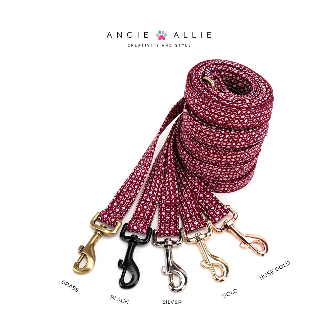 100% Cotton Adjustable Dog Leash  Heritage Red with brass, black, silver, gold, rose gold hardware