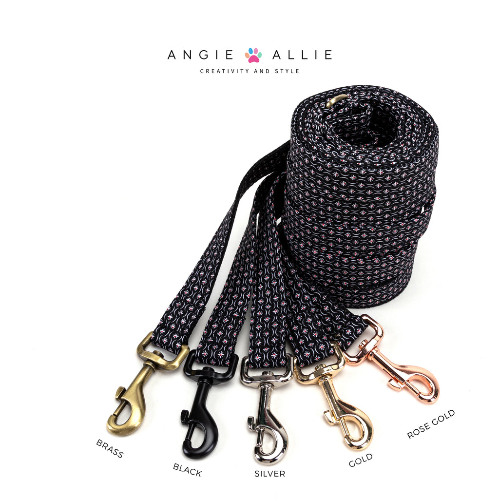 100% Cotton Adjustable Dog Leash - Heritage Black with brass, black, silver, gold, rose gold hardware